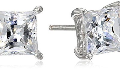 Platinum Plated Sterling Silver Stud Earrings set with Princess Brilliant Cut Swarovski Zirconia (2 cttw)