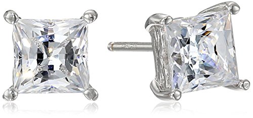 Platinum Plated Sterling Silver Stud Earrings set with Princess Brilliant Cut Swarovski Zirconia (2 cttw)