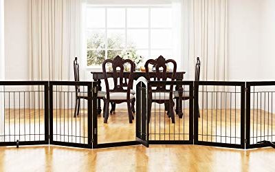 PAWLAND 144-inch Extra Wide 30-inches Tall Dog gate with Door Walk Through, Freestanding Wire Pet Gate for The House, Doorway, Stairs, Pet Puppy Safety Fence, Support Feet Included, Espresso,6 Panels