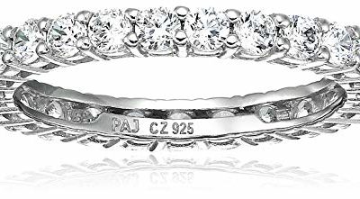 Amazon Essentials Platinum Plated Sterling Silver Round Cut Cubic Zirconia All-Around Band Ring (2.5mm), Size 6