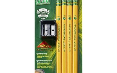 TICONDEROGA My First Pencils, Wood-Cased #2 HB Soft, Pre-Sharpened with Eraser, Includes Bonus Sharpener, Yellow, 4-Pack (33309)