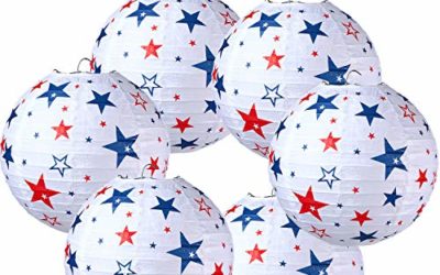 6 Pieces 4th of July Patriotic Day Party Paper Lanterns with 6 LED Paper Lantern Light, Red White Blue Stars Round Hanging Party Lantern for Independence Day, Military Graduation Decoration Favor