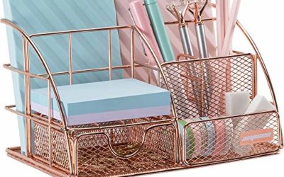 Rose Gold Desk Organizer for Women, AUPSEN Mesh Office Supplies Desk Accessories, Features 5 Compartments + 1 Mini Sliding Drawer