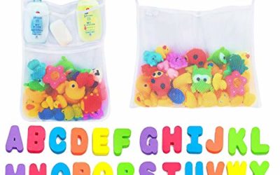 Comfylife 2 x Mesh Bath Toy Organizer + 6 Ultra Strong Hooks + 36 Bath Letters & Numbers – Eco-Safe, Fun, Educational Foam Baby Bath Letters and Perfect Toy Storage Net for Baby Bath Toys & More