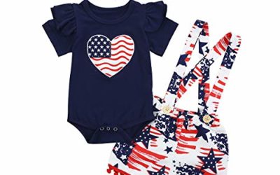 Baby Girl Boy 4th of July Independence Day Summer Short Sleeve Ruffle Romper Suspenders Star Short Pants Headband Set (Blue, 12-18 Months)