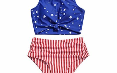 ZAFUL Women's Knotted Front Tankini Set High Waisted Bikini Scoop Neck Swimsuit Two Pieces Bathing Suit Dark Blue L
