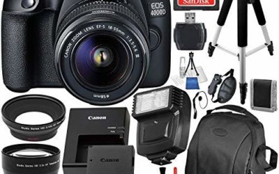 Canon EOS 4000D/Rebel T100 DSLR Camera with 18-55mm III Lens and Essential Accessory Bundle – Includes SanDisk Ultra 64GB SDXC Memory Card & Digital Slave Flash & 3PC Multi-Coated Filter Set & More