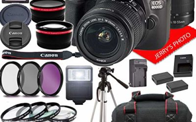 Canon EOS 4000D DSLR Camera w/Canon EF-S 18-55mm F/3.5-5.6 Zoom Lens + Case + 64GB Memory (26pc Bundle)