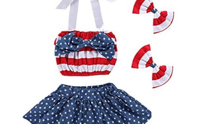 July 4th Baby Girls Flag Romper Dress Striped Stars Print Halter Sleeveless Backless Bodysuit with Headband 2PCS Dress+Shorts