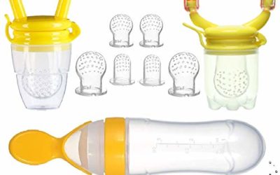 Gedebey Baby Food Feeder, Pacifier Fruit- Fresh Silicone Bottle Squeeze Spoon Frozen Fruit Teething Pacifiers Nibbler Hygienic Cover Newborn Teeth with Meshes Sizes for Baby Food Spoon (Yellow)