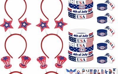 Ivenf 4th of July 40 Pcs Patriotic American Flag Party Favors, Blue and White Stars Headbands Bracelets Rings Tattoos Supplies for Independence Day Party