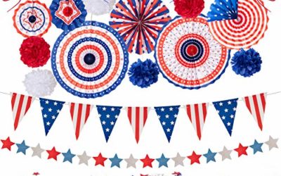 29PCS 4th/Fourth of July Patriotic Decorations Set – Red White Blue Paper Fans,USA Flag Pennant,Star Streamer,Pom Poms,Hanging Swirls Party Decor Supplies
