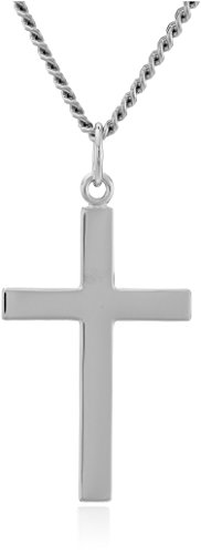 Men's Sterling Silver Solid Polished Cross with Lord's Prayer Inscription and Stainless Steel Chain, 24"