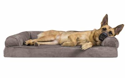 Furhaven Pet Dog Bed – Memory Foam Faux Fur and Velvet Traditional Sofa-Style Living Room Couch Pet Bed with Removable Cover for Dogs and Cats, Driftwood Brown, Jumbo