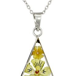 Sterling Silver Orange Pressed Flower Teardrop Pendant Necklace, 16"