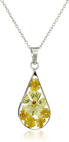 Sterling Silver Orange Pressed Flower Teardrop Pendant Necklace, 16"