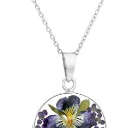 Sterling Silver Dark Blue Pressed Flower Round Pendant Necklace, 16"