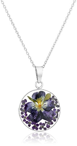 Sterling Silver Dark Blue Pressed Flower Round Pendant Necklace, 16"