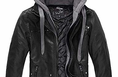 Wantdo Men's Leather Jacket with Removable Hood US Small Black(Heavy)