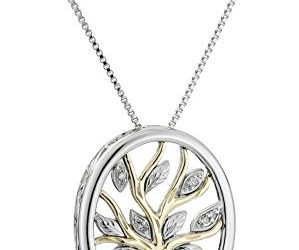 Sterling Silver and 14k Yellow Gold Diamond Accent Family Tree Pendant Necklace, 18"
