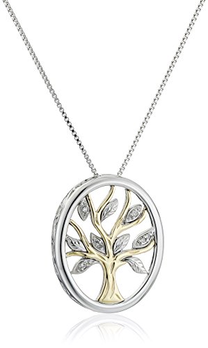 Sterling Silver and 14k Yellow Gold Diamond Accent Family Tree Pendant Necklace, 18"