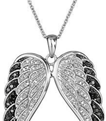 Sterling Silver Black and White Diamond Angel Wings Pendant Necklace (1/2 cttw), 18"