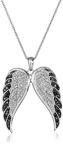 Sterling Silver Black and White Diamond Angel Wings Pendant Necklace (1/2 cttw), 18"