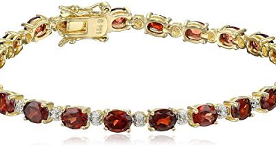 18k Yellow Gold Plated Sterling Silver Genuine Garnet and Diamond Accent Tennis Bracelet, 7.25"