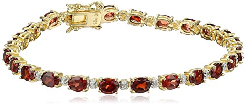 18k Yellow Gold Plated Sterling Silver Genuine Garnet and Diamond Accent Tennis Bracelet, 7.25"