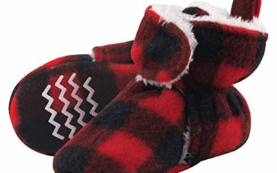 Hudson Baby Unisex Baby Cozy Fleece and Sherpa Booties, Black Red Plaid, 0-6 Months