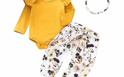 3Pc Newborn Infant Baby Girl Pant Sets Outfit Ruffled Romper Jumpsuit Floral Pants Clothes with Headband (Yellow (0-6 Months))