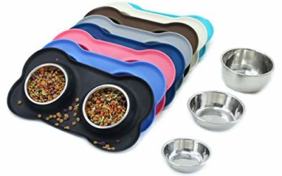 Vivaglory Dog Bowls Stainless Steel Water and Food Bowl Pet Cat Feeder with Non Spill Skid Resistant Silicone Mat, Large, Black