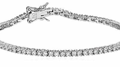 Amazon Essentials Platinum Plated Sterling Silver Round Cut Cubic Zirconia Tennis Bracelet (2mm), 8"