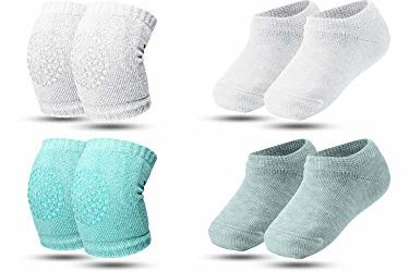 8 Pairs Crawling Knee Pad Non-Slip Socks Set Knee Protector Toddler Leg Warmer Unisex Soft Cotton Socks for Baby Toddler (Pink, White, Green and Light Gray)