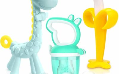 SHARE&CARE Baby Teething Toys and Natural Organic Food Feeder Pacifier/Baby Teether Chew Toys Fresh Fruit Feeding/ 2 Teethers and 1 Feeder with 3 Silicone Sacs (Blue)