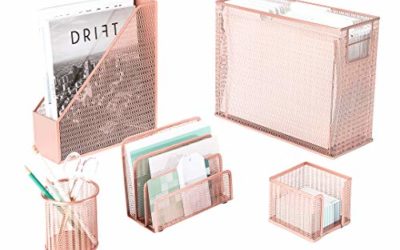 Blu Monaco 5 Piece Cute Office Supplies Rose Gold Desk Organizer Set – with Desktop Hanging File Organizer, Magazine Holder, Pen Cup, Sticky Note Holder, Letter sorter – Rose Gold Desk Accessories