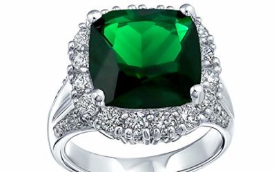 Bling Jewelry 7CT Cubic Zirconia Green Simulated Emerald Cut Fashion CZ Cushion Cut Statement Ring for Women Silver Plated Brass