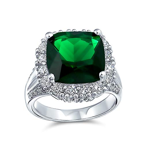 Bling Jewelry 7CT Cubic Zirconia Green Simulated Emerald Cut Fashion CZ Cushion Cut Statement Ring for Women Silver Plated Brass