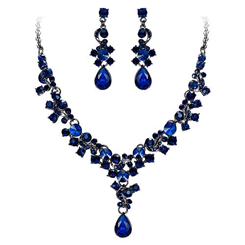 EVER FAITH Rhinestone Crystal Wedding Feast Floral Teardrop Necklace Earrings Set Blue Black-Tone