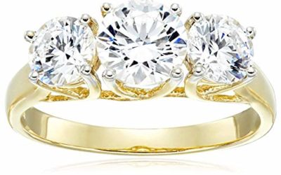 Jewelili 10kt Yellow Gold 3 Stone Ring Set with Round Cut Swarovski Zirconia (2 cttw), Size 6