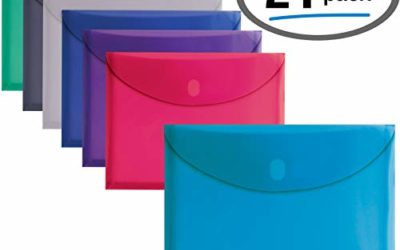 24 Plastic Envelopes, Reusable Poly Envelopes, Letter Size, Assorted Colors, Transparent, Side Loading, with 1" Gusset for Extra Capacity, Hook and Loop Closure, by Better Office Products