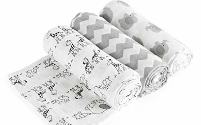 Babebay Baby Muslin Swaddle Blanket, 3-Pack Unisex Bamboo Swaddle Blanket Boys & Girl, Soft Silky Swaddling Blankets Wrap for Newborn Infant, Large 47 x 47 inches (Elephant Theme)