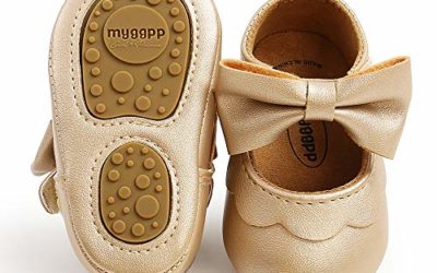 SOFMUO Baby Girls Mary Jane Flats Non-Slip Soft Rubber Sole Bowknot Infant Sneakers Toddler Princess Dress Walking Shoes(A01/Gold,6-12 Months)
