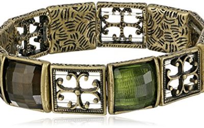 1928 Jewelry Gothic Cross Brass Tone and Olivine Stretch Bracelet