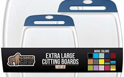 GORILLA GRIP Original Oversized Cutting Board, 3 Piece, BPA Free, Dishwasher Safe, Juice Grooves, Larger Thicker Boards, Easy Grip Handle, Non Porous, Extra Large, Kitchen, Set of 3, Blue