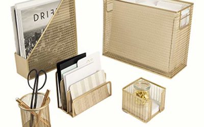 Blu Monaco 5 Piece Cute Office Supplies Gold Desk Organizer Set – with Desktop Hanging File Organizer, Magazine Holder, Pen Cup, Sticky Note Holder, Letter sorter – Gold Desk Accessories