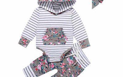 NOT BRANDED Newborn Baby Boy Girl Clothes Infant Long Sleeve Hoodie Romper Outfits Set with Headband, Stripe Grey, 6-9 Months