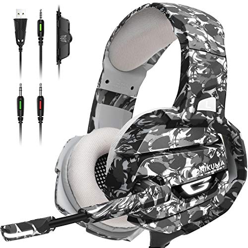 ONIKUMA Gaming Headset PS4 Headset, PC Headset with Noise Canceling Mic & LED Light,Memory Earmuffs Gaming Headphones for PS4, MAC, PC（Adapter Not Included）