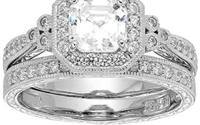 Platinum-Plated Sterling Silver Antique Ring set with Asscher-Cut Swarovski Zirconia, Size 8