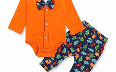 Baby Boy Dinosaur Outfit Infant Boy Gentleman Bowtie Romper Bodysuit+Cardigan+Pants 3PCS Clothes Set（Orange, 9-12 Months